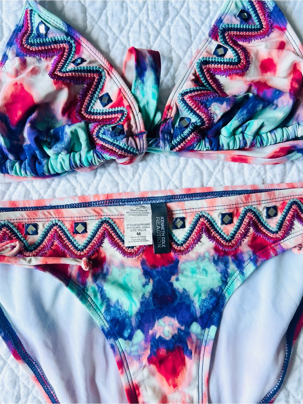 Kenneth Cole Multicolor Tie-Dye Bikini with Beaded Trim